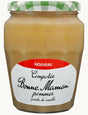 Jar of Bonne Maman apple compote with a green checkered lid on a white background