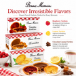 Three boxes of Bonne Maman Tarttlettes are stacked on a white background with promotional text and flavor callouts for Raspberry Tartlets, Lemon Tartlets, and Chocolate Caramel Tartlets. Loose tartlets and garnishes are arranged at the bottom.