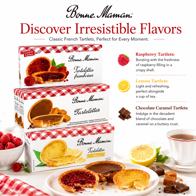 Three boxes of Bonne Maman Tarttlettes are stacked on a white background with promotional text and flavor callouts for Raspberry Tartlets, Lemon Tartlets, and Chocolate Caramel Tartlets. Loose tartlets and garnishes are arranged at the bottom.