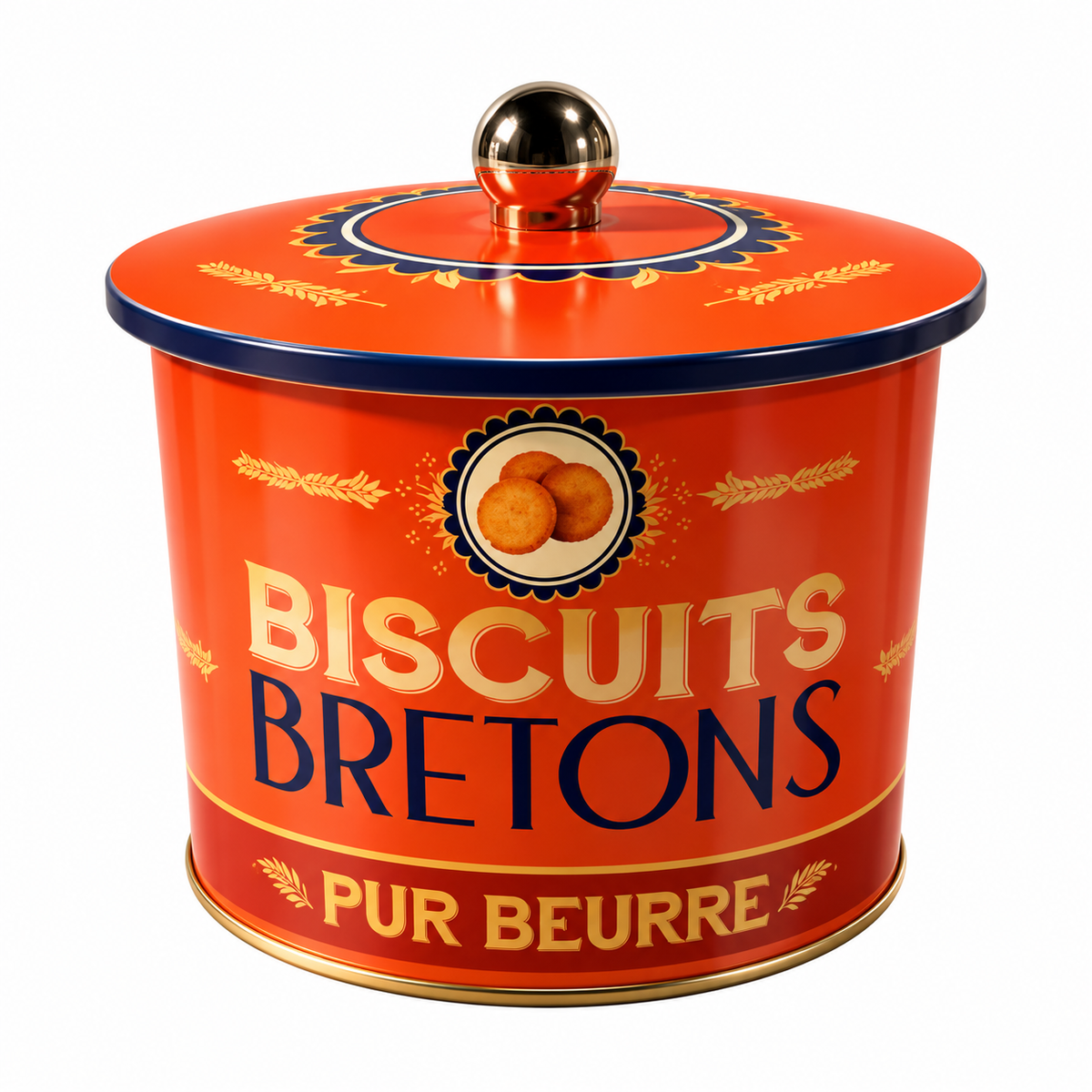 A vintage-style metal biscuit tin with a lid, featuring the text 'BISCUITS BRETONS' and 'PUR BEURRE' on a bright orange-red background with gold and navy lettering and decorative flour motifs.