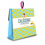 Packaging of Calissons de Provence with blue and yellow design on a white background