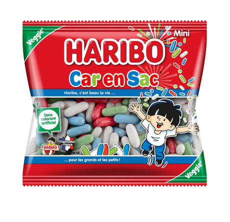 Haribo Car en Sac candy package with colorful candies and cartoon character on a white background