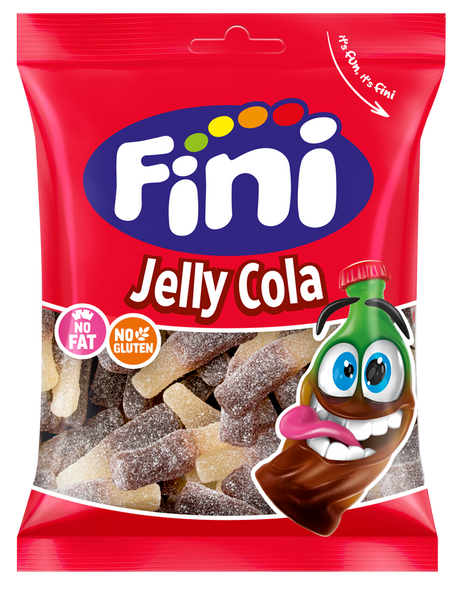 Fini Jelly Cola packaging with a cartoon character on a red background