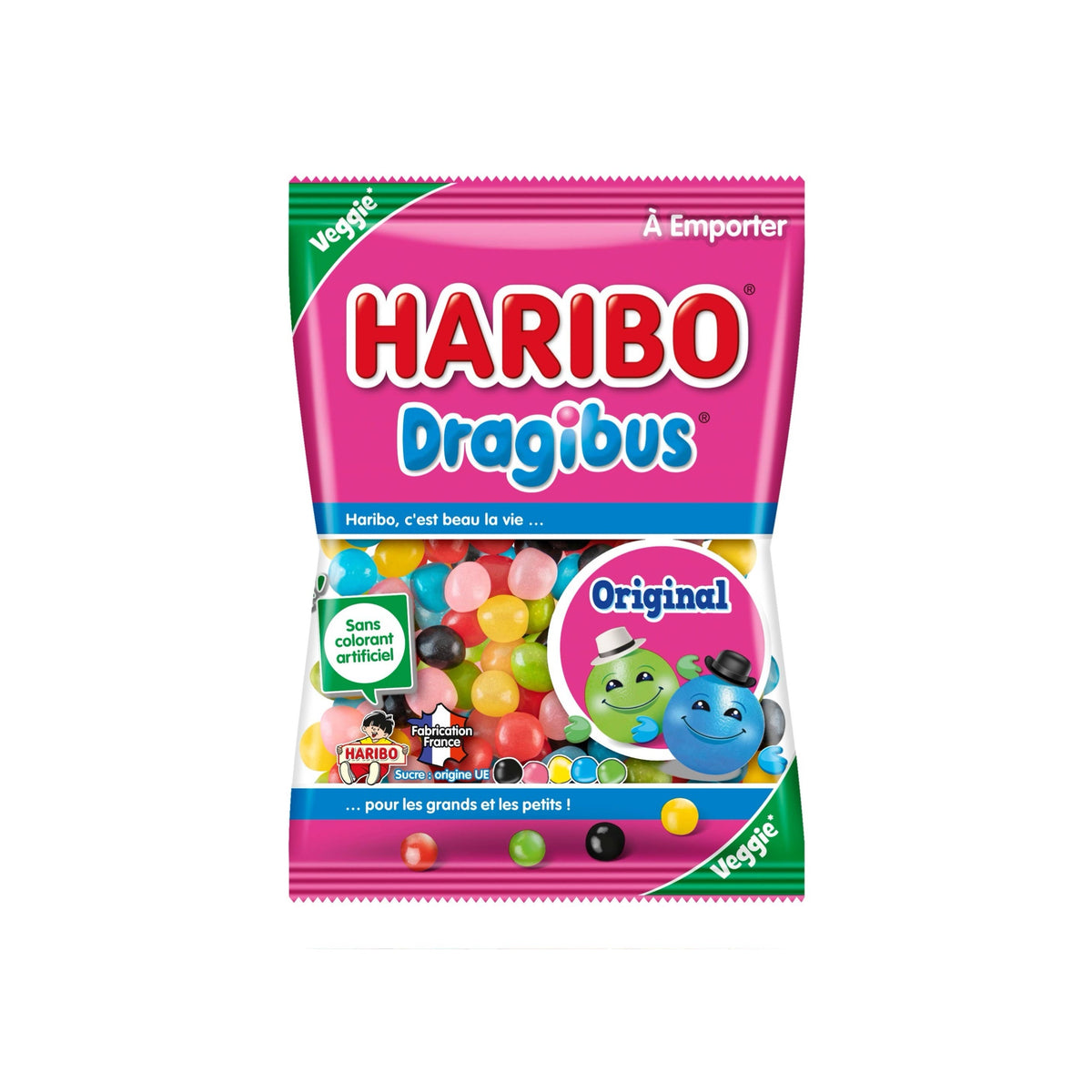 A bag of Haribo Dragibus Original veggie candies, featuring a bright pink and green packaging design with colorful candy illustrations.