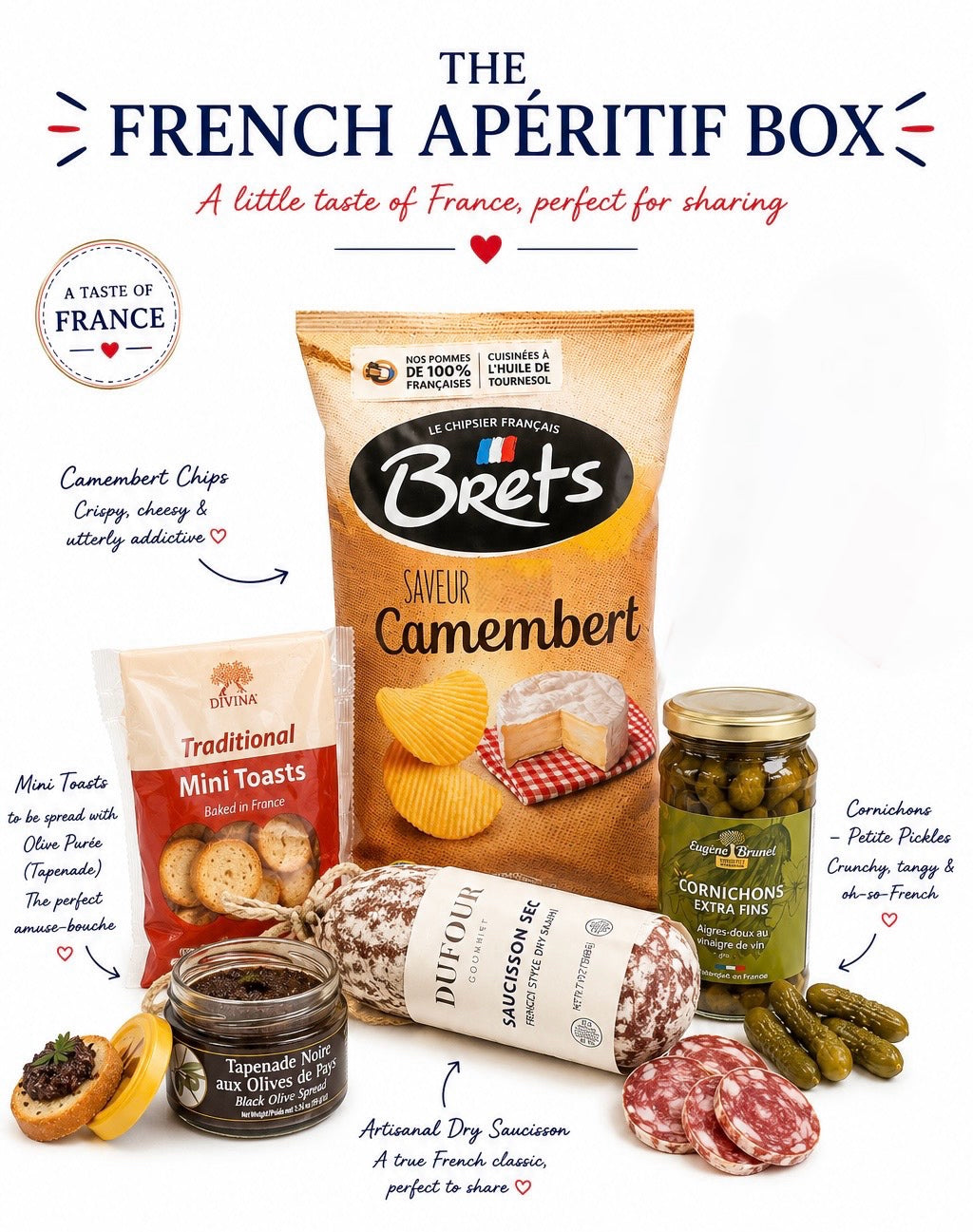 A French apéritif box set featuring a bag of Brets Camembert chips, a bag of Traditional Mini Toasts, a roll of Duitzou Salami, a jar of Cornichons, and a jar of Tartines, arranged on a white background with French text labels.