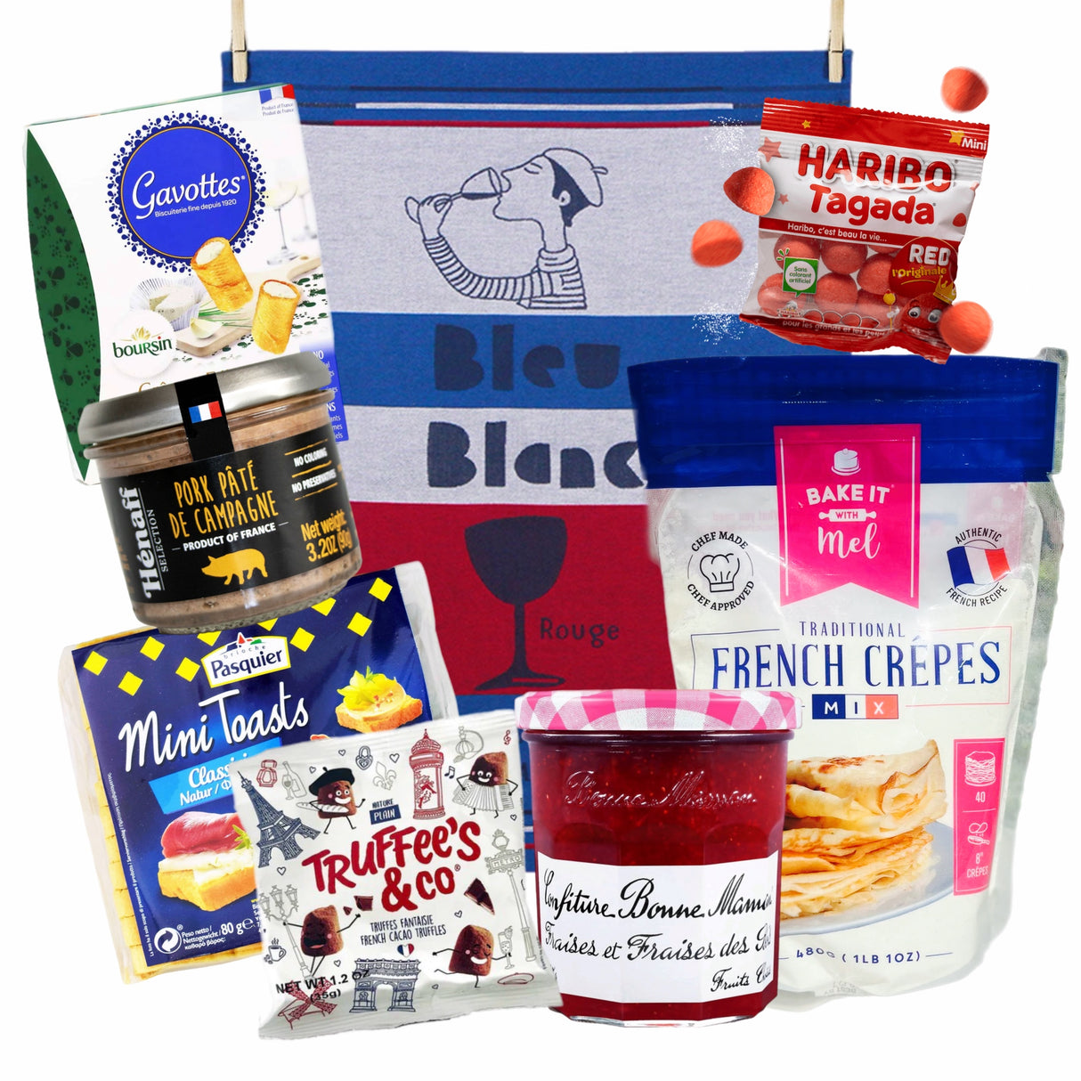 Assorted French food products including a kitchen towel labeled 'Bleu Blanc Rouge' and various packaged items.
