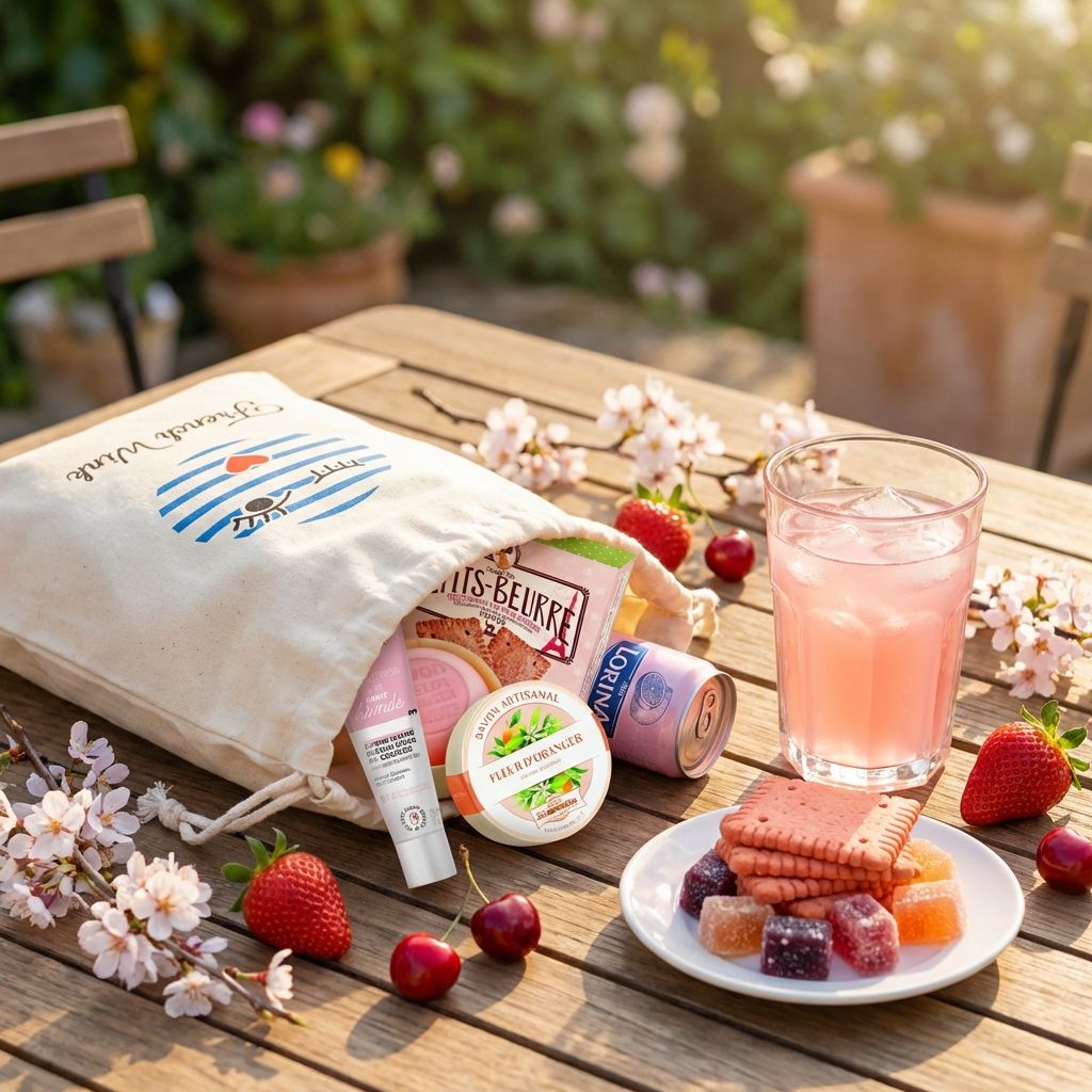 Outdoor setting with a bag of snacks, a glass of pink limonade, and a plate of candies and butter cookies on a wooden table.