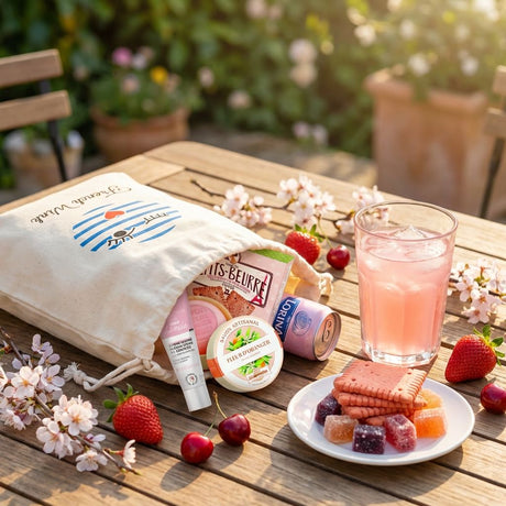 Outdoor setting with a bag of snacks, a glass of pink limonade, and a plate of candies and butter cookies on a wooden table.