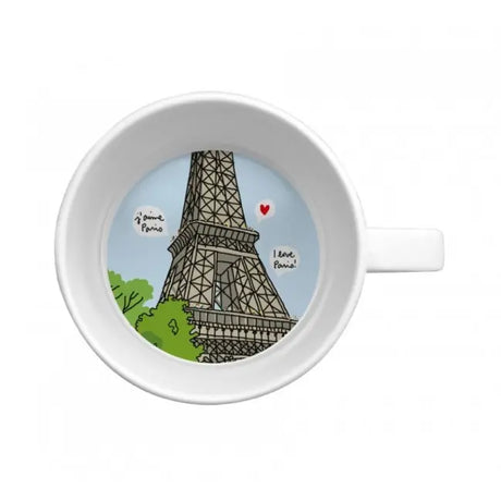 White mug with a design of the Eiffel Tower and 'I love Paris' text on a white background