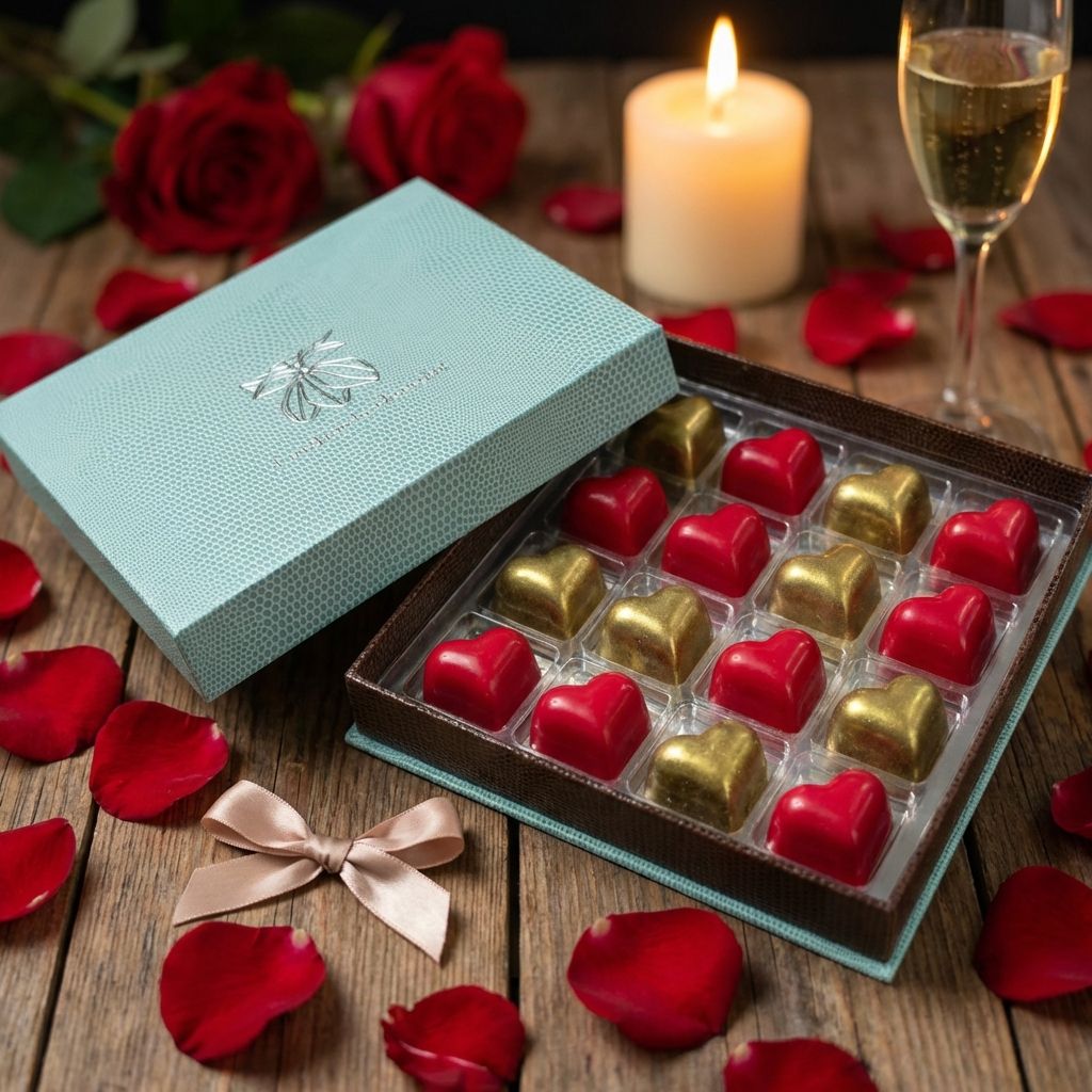 Open box of red and gold heart-shaped chocolates on a wooden surface with red roses and a candle.