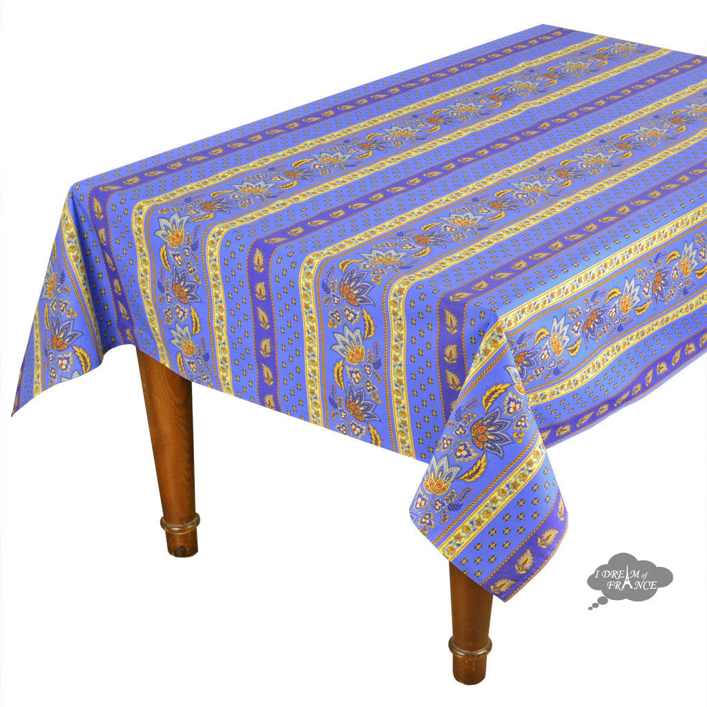 58" Square Lisa Blue Acrylic-Coated Cotton French Country Tablecloth by Le Cluny