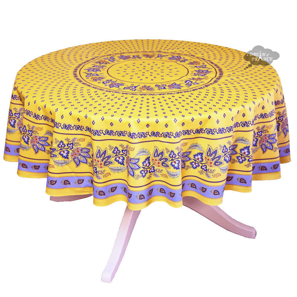 70" Round Lisa Yellow French Country Acrylic-Coated Cotton Tablecloth by Le Cluny