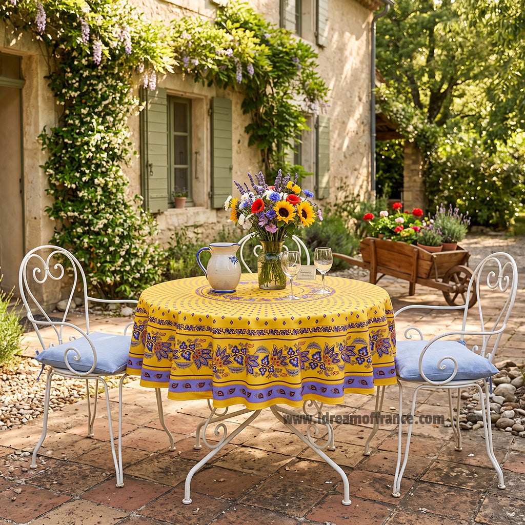 70" Round Lisa Yellow French Country Acrylic-Coated Cotton Tablecloth by Le Cluny