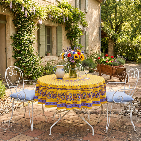 70" Round Lisa Yellow French Country Acrylic-Coated Cotton Tablecloth by Le Cluny