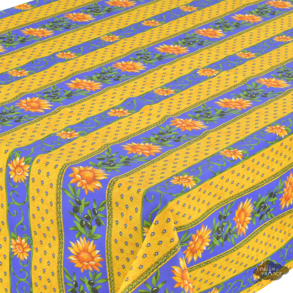 58" Square Sunflower Blue Acrylic-Coated Cotton Provence Tablecloth by Le Cluny