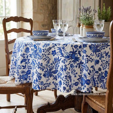 70" Round Versailles Blue Cotton French Tablecloth by Le Cluny
