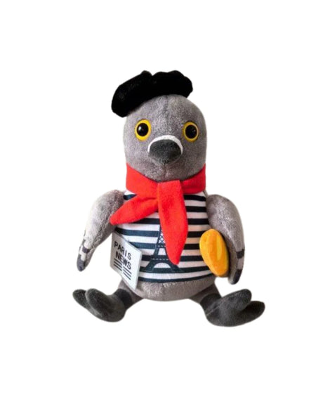 Plush toy pigeon wearing a black beret, red scarf, and striped shirt on a white background