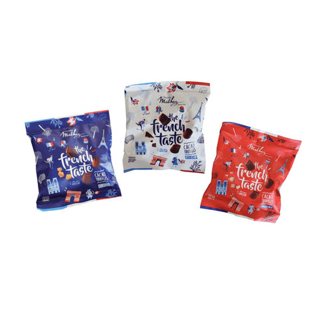Three bags of 'The French Taste' snacks on a white background