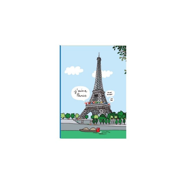 A small notebook with a colorful illustration of the Eiffel Tower and a boat on the Seine River.