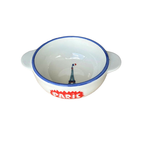White bowl with blue rim and 'Paris' text featuring the Eiffel Tower on a gray background