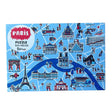 Paris-themed puzzle box with illustrations of famous landmarks on a blue background