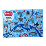 Paris-themed puzzle box with illustrations of famous landmarks on a blue background
