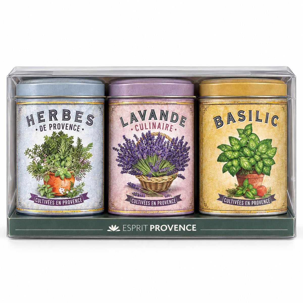 A boxed set of three Esprit Provence tin cans labeled Herbes de Provence, Lavande Culinaire, and Basil, shown in a clear plastic tray on a white background.