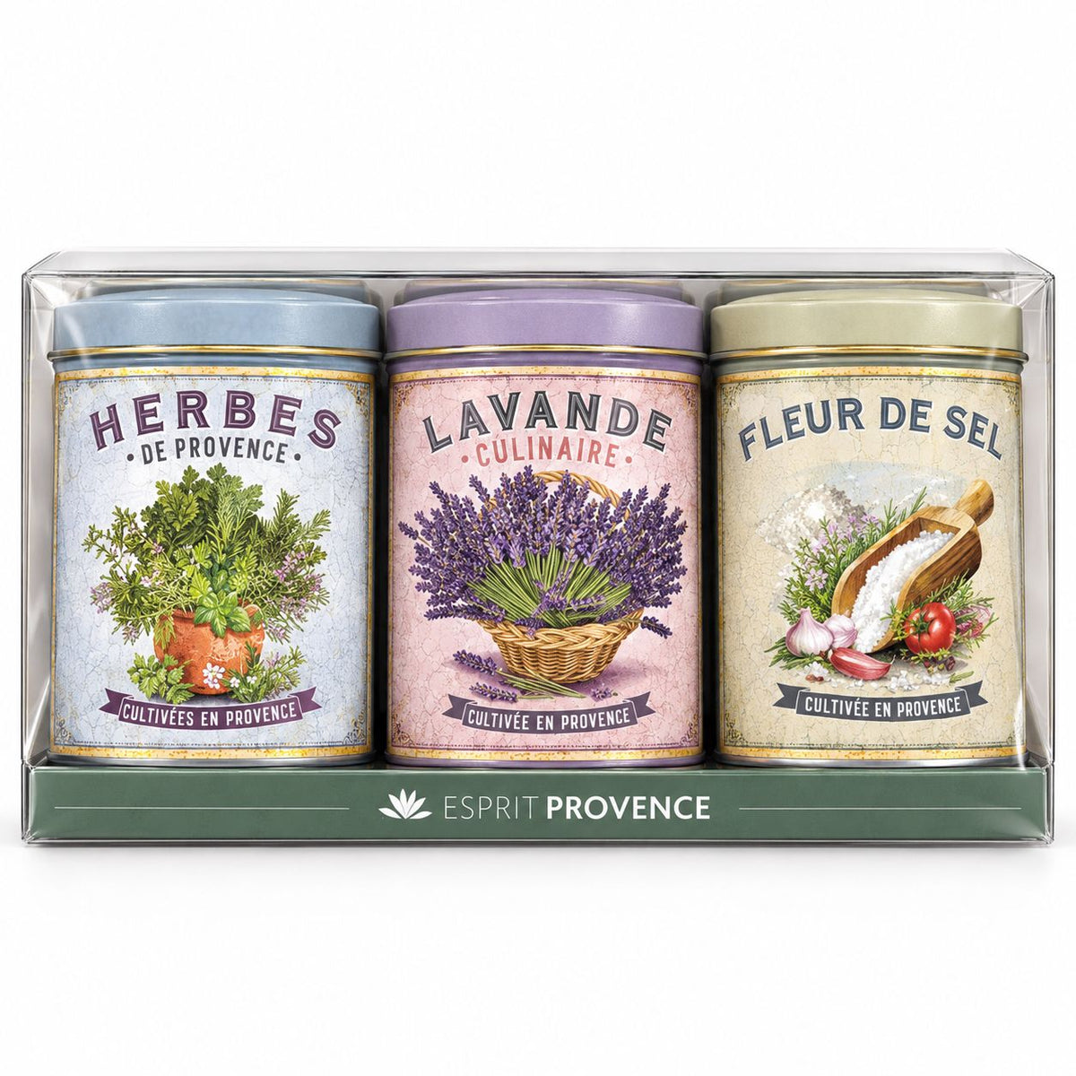 A three-piece tin set from Esprit Provence under the 'Herbes de Provence', 'Lavande Culinaire', and 'Fleur de Sel' collections, packaged in a clear plastic box with a green base.