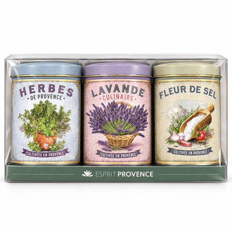 A three-piece tin set from Esprit Provence under the 'Herbes de Provence', 'Lavande Culinaire', and 'Fleur de Sel' collections, packaged in a clear plastic box with a green base.