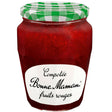 Jar of Bonne Maman red fruit preserve with a checkered lid on a white background