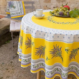 70" Round Lauris Yellow Acrylic-Coated Cotton Tablecloth by Tissus Toselli