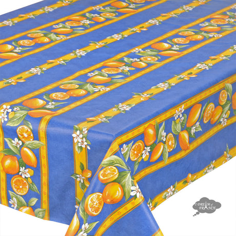 58" Square Lemons Blue Acrylic-Coated Cotton Tablecloth by Tissus Toselli