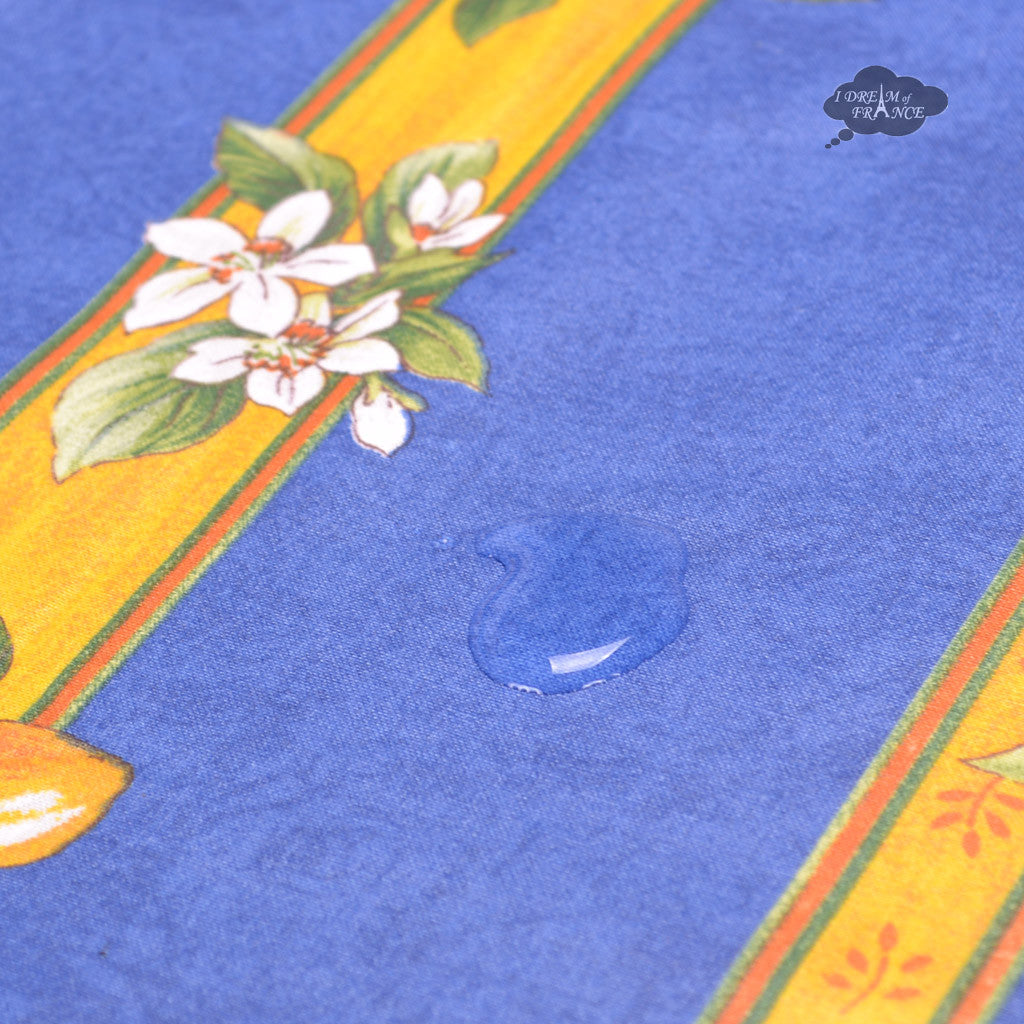 58" Square Lemons Blue Acrylic-Coated Cotton Tablecloth by Tissus Toselli