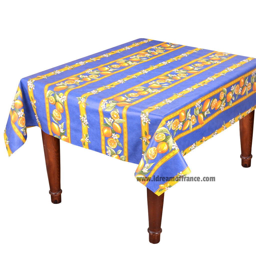 58" Square Lemons Blue Acrylic-Coated Cotton Tablecloth by Tissus Toselli