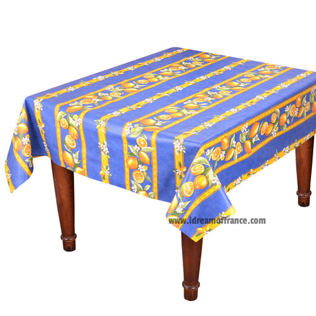 58" Square Lemons Blue Acrylic-Coated Cotton Tablecloth by Tissus Toselli