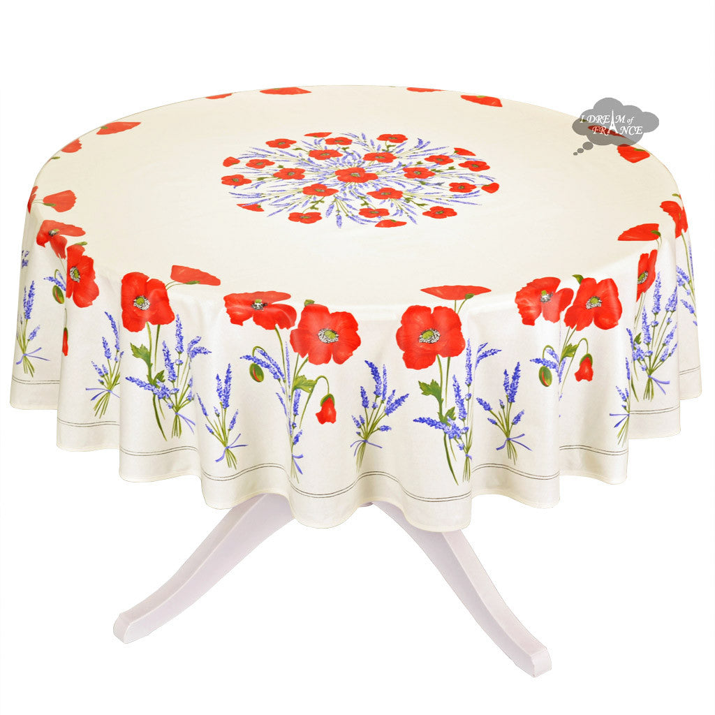 70" Round Poppies Cream Acrylic-Coated Cotton Tablecloth by Tissus Toselli