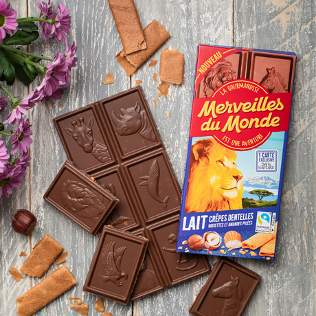 Merveilles du Monde Milk chocolate with crispy crepes, hazelnuts and almonds