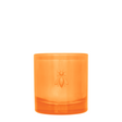 Orange glass with a bee emblem on a white background
