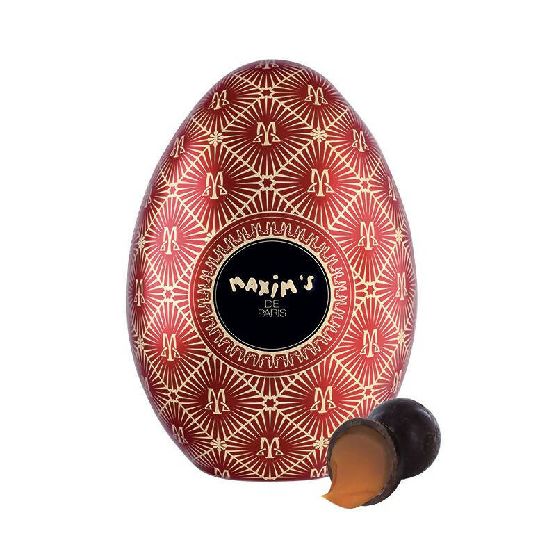 Maxim's De Paris - Egg collectible red tin, filled with Milk chocolate bonbon with a heart of salted caramel cream