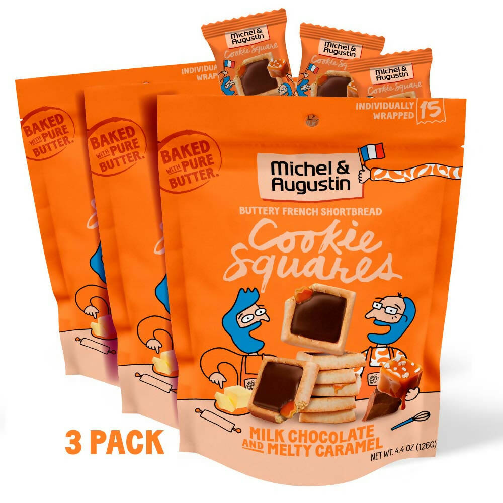 Michel et Augustin Chocolate French Cookie Squares | Milk Chocolate Caramel Pure Butter Shortbread | 15 Count Pouch (Milk Chocolate Caramel)