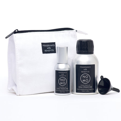 a pack of NoMo Eau Fraiche and Refill Set with a pouch
