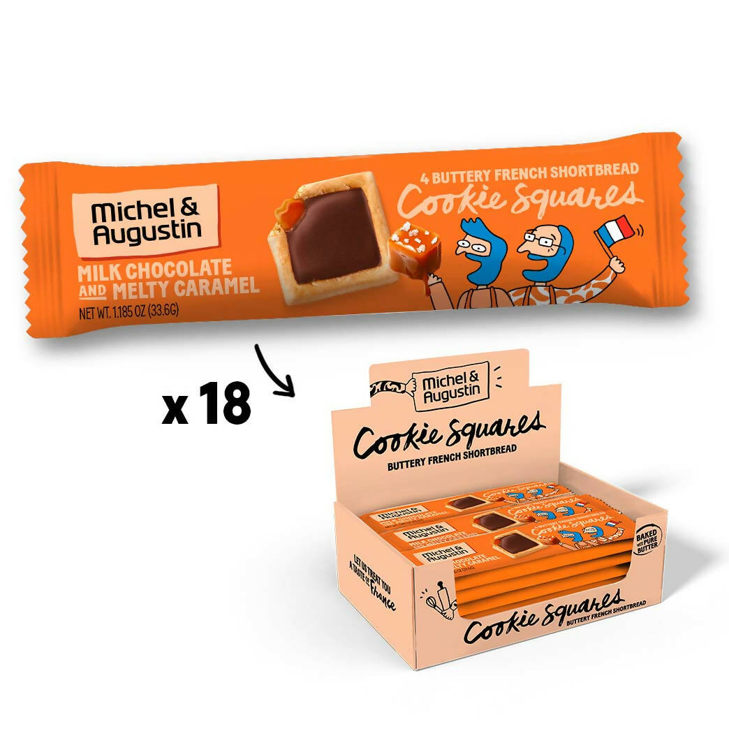 Michel et Augustin Chocolate French Cookie Squares | Milk Chocolate Caramel Pure Butter Shortbread | 18 Count