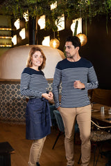 couple wearing a navy French Striped top