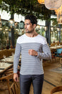 Men wearing a French Striped long sleeve shirt in a cafe