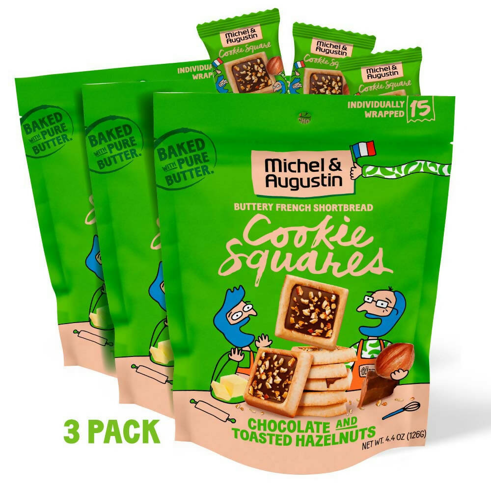 Michel et Augustin Bags Chocolate French Cookie Squares | 3 Pack | Chocolate Hazelnut | 15 Shortbread Cookie Squares Per Bag