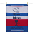 Striped towel with graphic design and text, hanging on a line.
