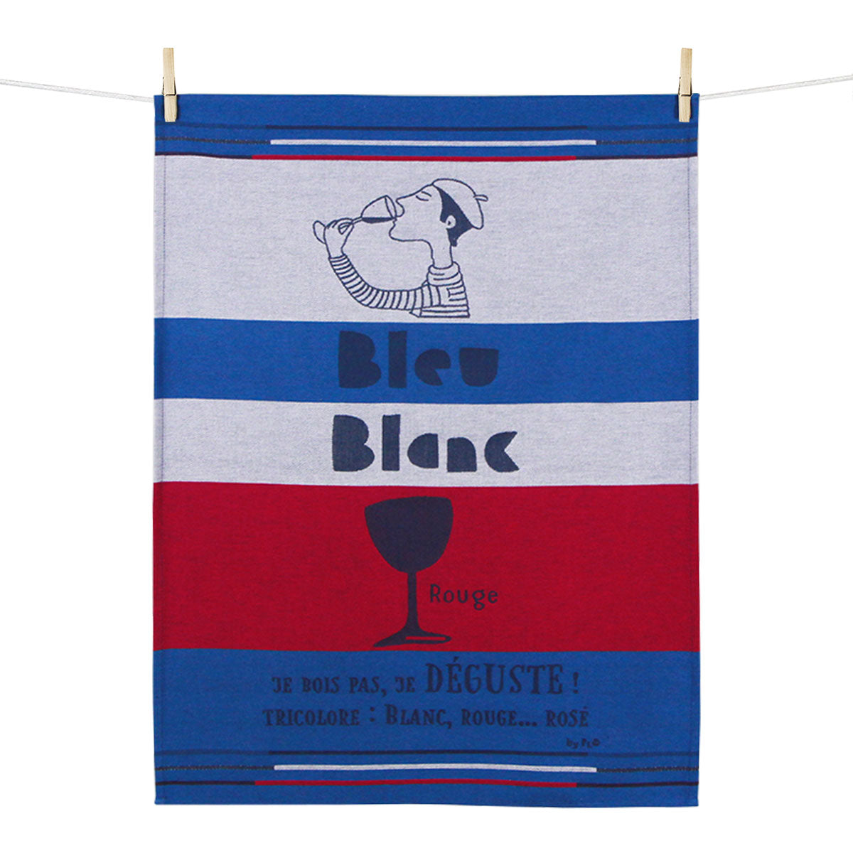 Striped towel with graphic design and text, hanging on a line.