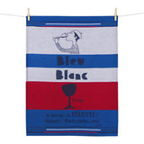 Striped towel with graphic design and text, hanging on a line.