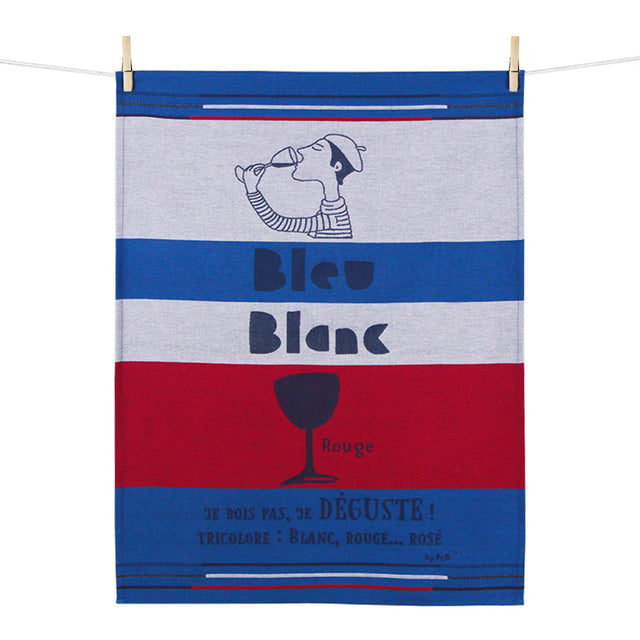 Striped towel with graphic design and text, hanging on a line.
