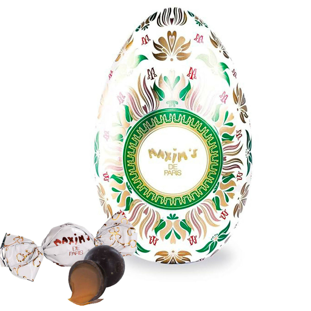 Maxim's De Paris - Egg collectible tin , filled with dark chocolate bonbon with a heart of salted caramel cream
